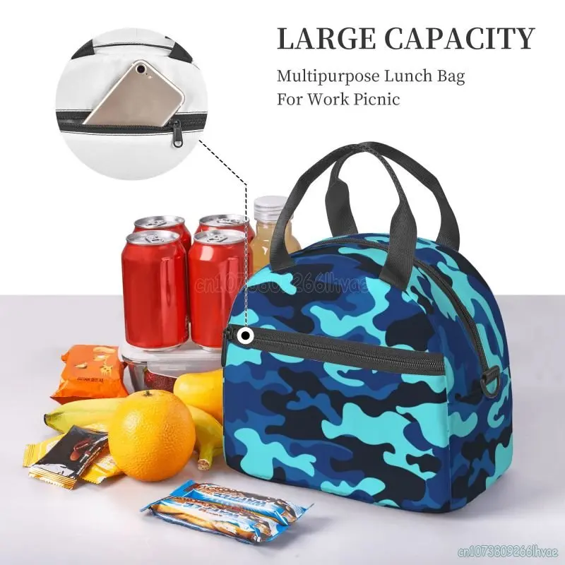 Blue Camo Camouflage Pattern Insulated Lunch Bag Reusable Thermal Leakproof Cooler Bento Tote Bags for Work School Travel Picnic