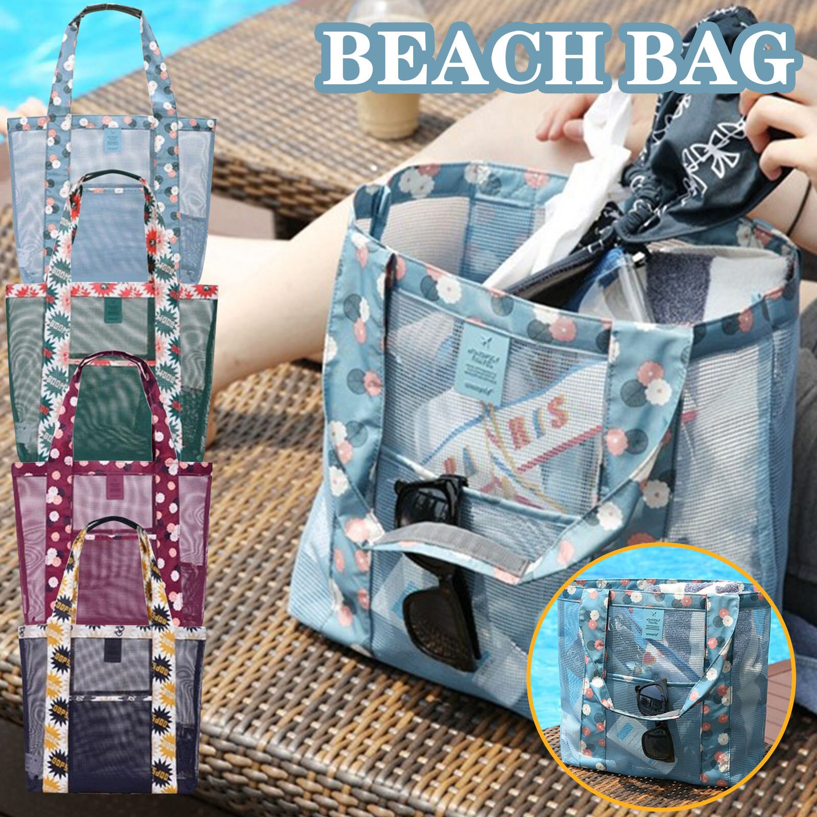 Zomer Outdoor Reizen Opbergtas Strand Netto Tas Een Schouder Grote Capaciteit Strandtas Draagbare Oversized Gedrukt Mesh tas