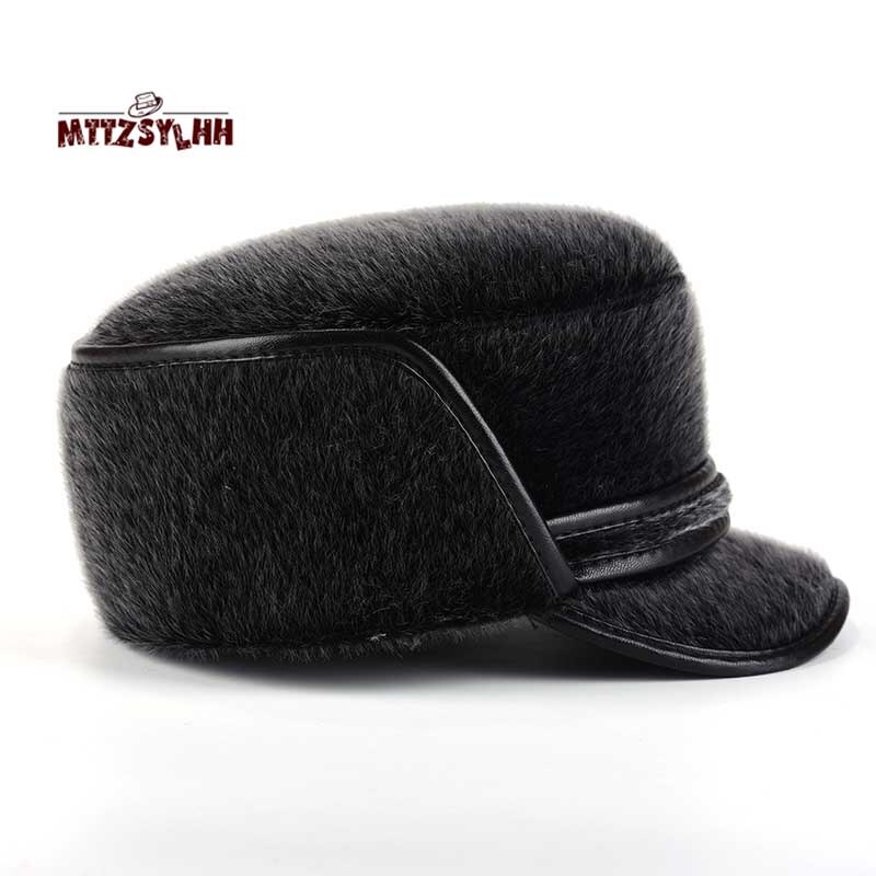 Mænds vinter flad top pilot cap snehætte lang ørebeskyttelse kunstlæder udendørs varm herre bomber hat