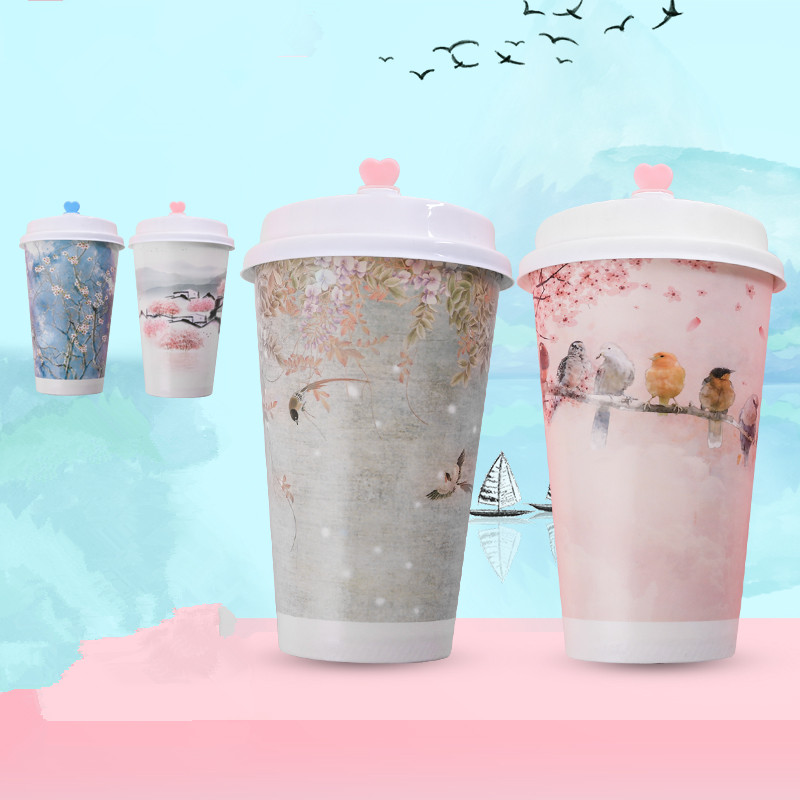 50 Stuks Wegwerp Koffiekopje 500Ml 16Oz Chinese Stijl Bloemen Party Koud Drink Paper cup Met Deksel