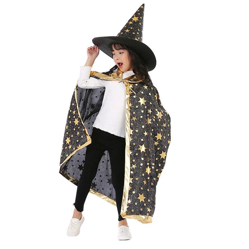 Halloween Mantel Kinderen Prestaties Kostuum Kleine Tovenaar Vijf-sterren Heks Mantel Cosplay Pak Hoed O1U7
