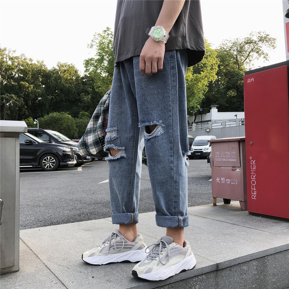 Jeans heren effen gaten oversize 5xl losse harajuku stijlvol in koreaanse stijl chic enkellange rechte herenbroek streetwear: Xxl