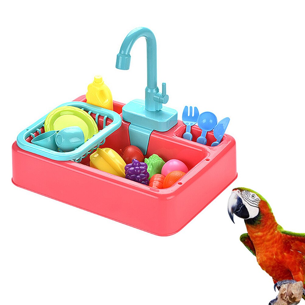 Fugle badekar automatisk vandhane vand flydende skål fugle bruseboks papegøje fugl rengøringsværktøj med farverigt legetøj tilbehør