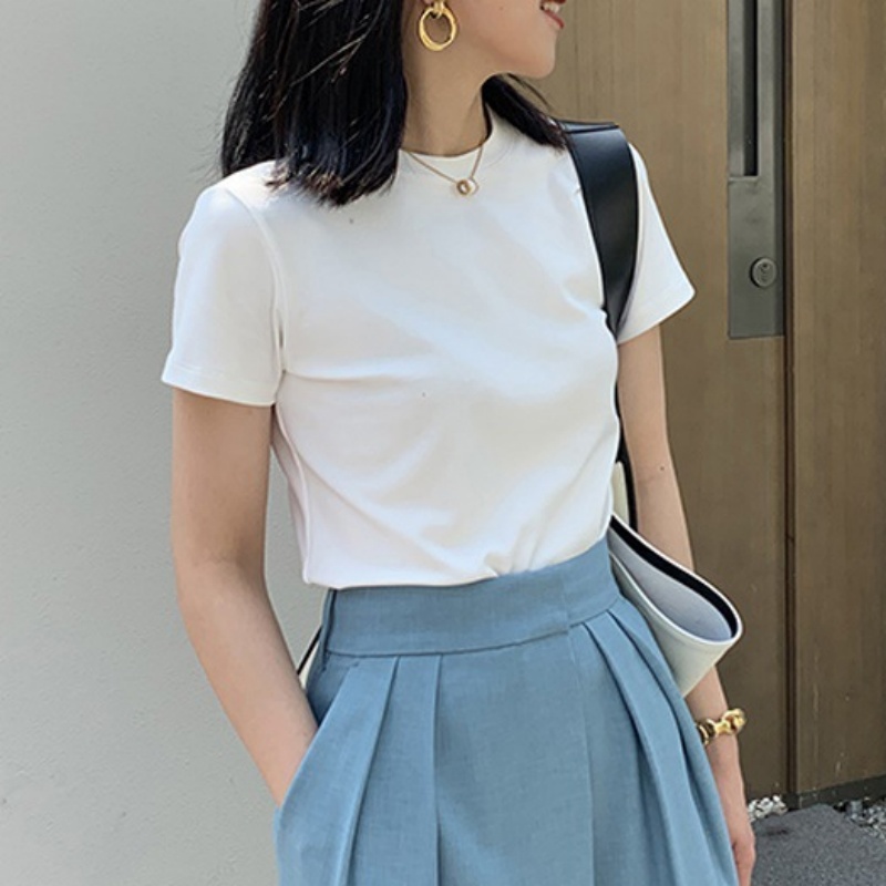 2024 Mode Vrouwen Katoenen Half Hoge Kraag Korte Mouw T-Shirts Zomer Effen Kleur Elegante T-Shirt Casual Tops