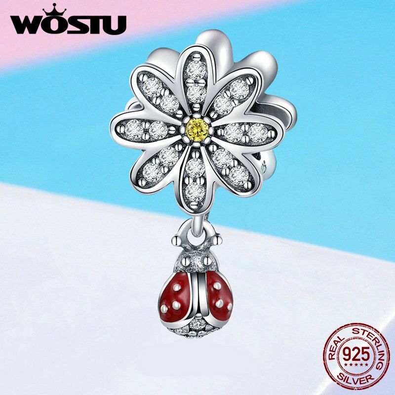 Wostu 925 sterling silver daisy & ladybug dingla charm passar original gör-det-själv pärlor armband smycken göra cqc 727