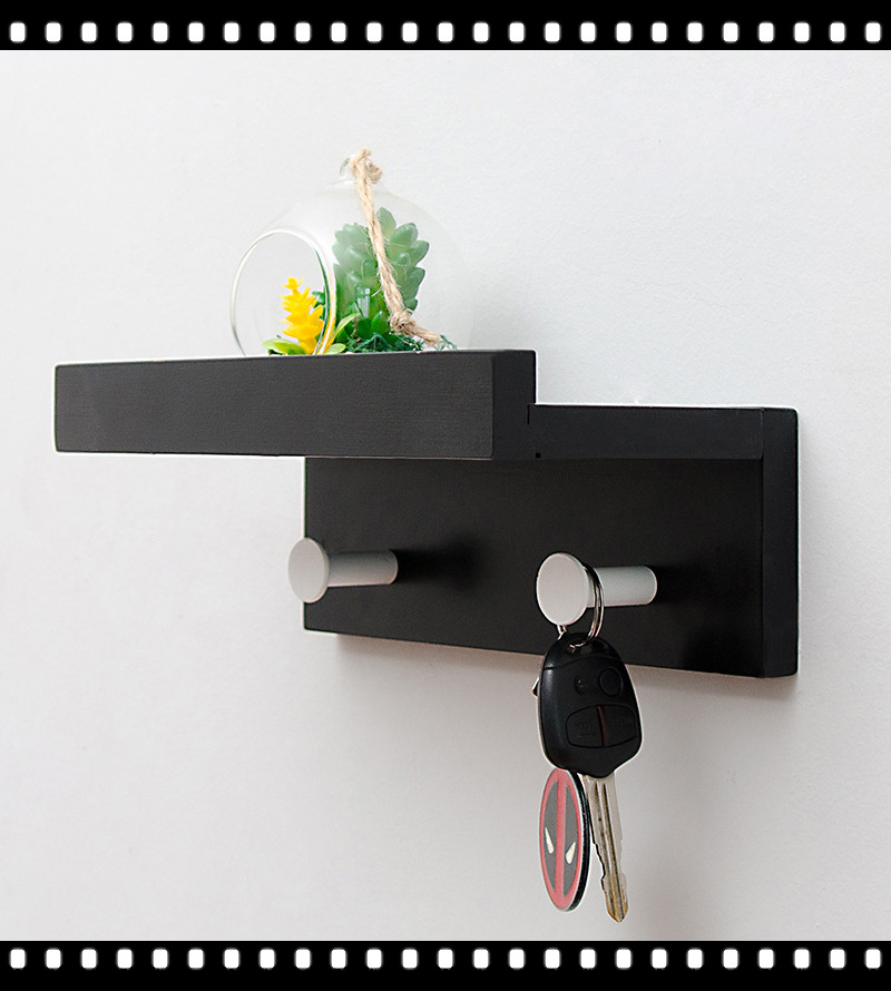 Estante de pared de madera para el hogar, organizador de artículos diversos, soporte de decoración de pared, colgador de llaves, estantes de almacenamiento con colgante WF: Black 2 Hooks