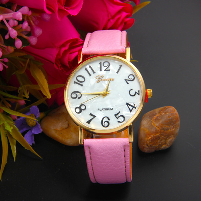 Geneva-reloj Digital de lujo para mujer, cronógrafo de cuarzo con correa de cuero y números grandes, Retro,: pink