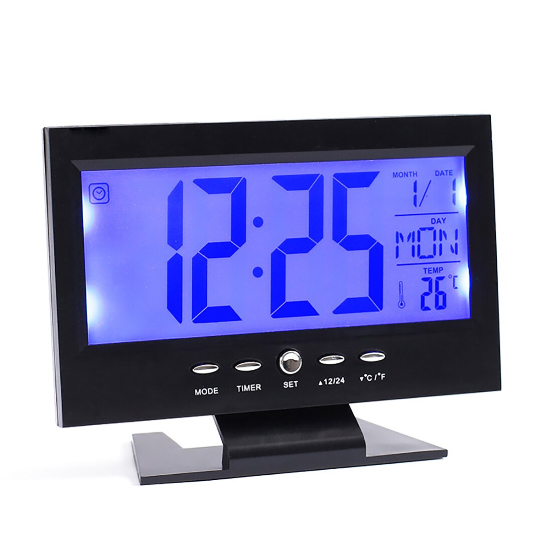 Digital clock Thermometer student bedside alarm clock voice control sleepy back light electronic clock (black)