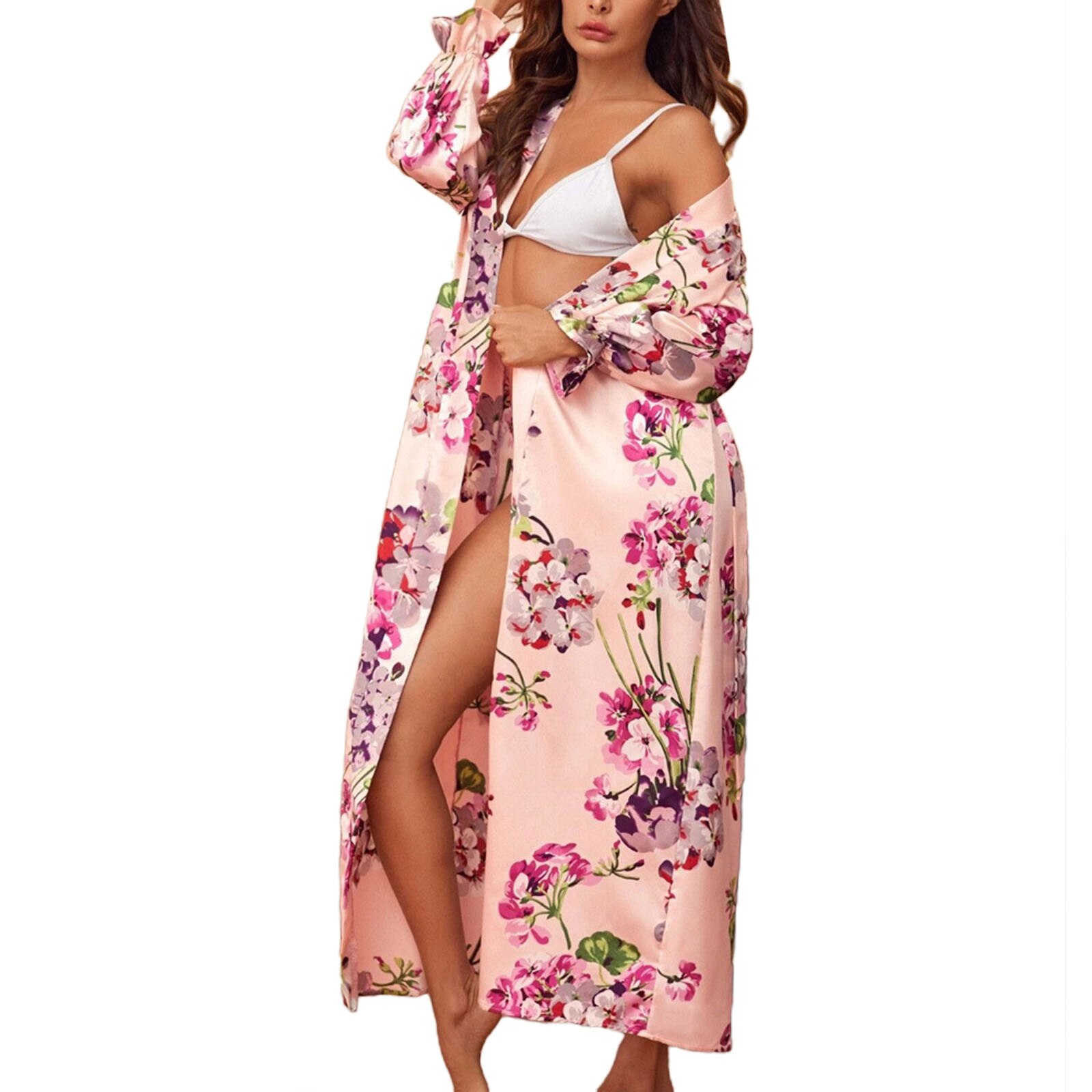Dames zomer slaapjurk sexy v-hals kant bloemenprint lange mouwen nachtkleding eendelig homewear kleding