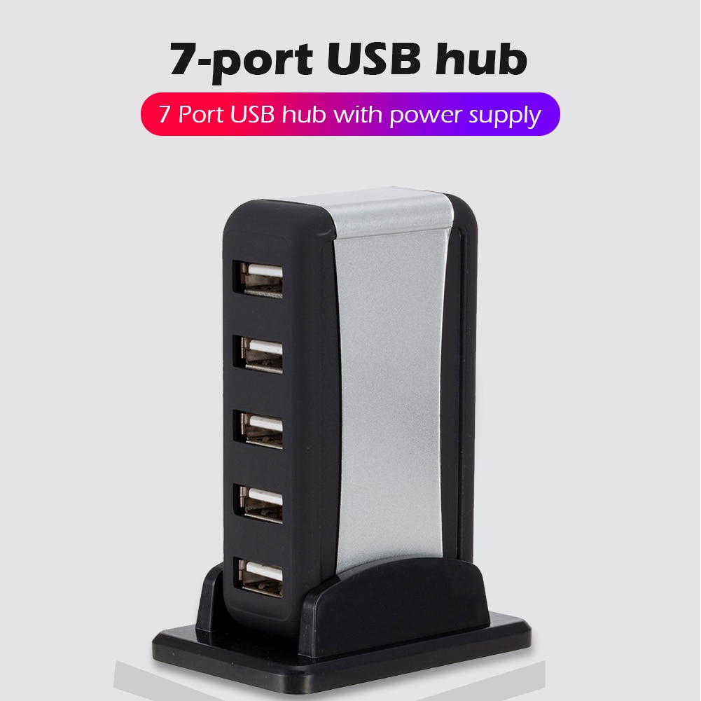 Verticale usb-hub met meerdere 7- poorts usb 2.0- splitters en stroomadapter, 480 mbps usb 2.0- hub voor pc, computeraccessoires, eu/us-stekker