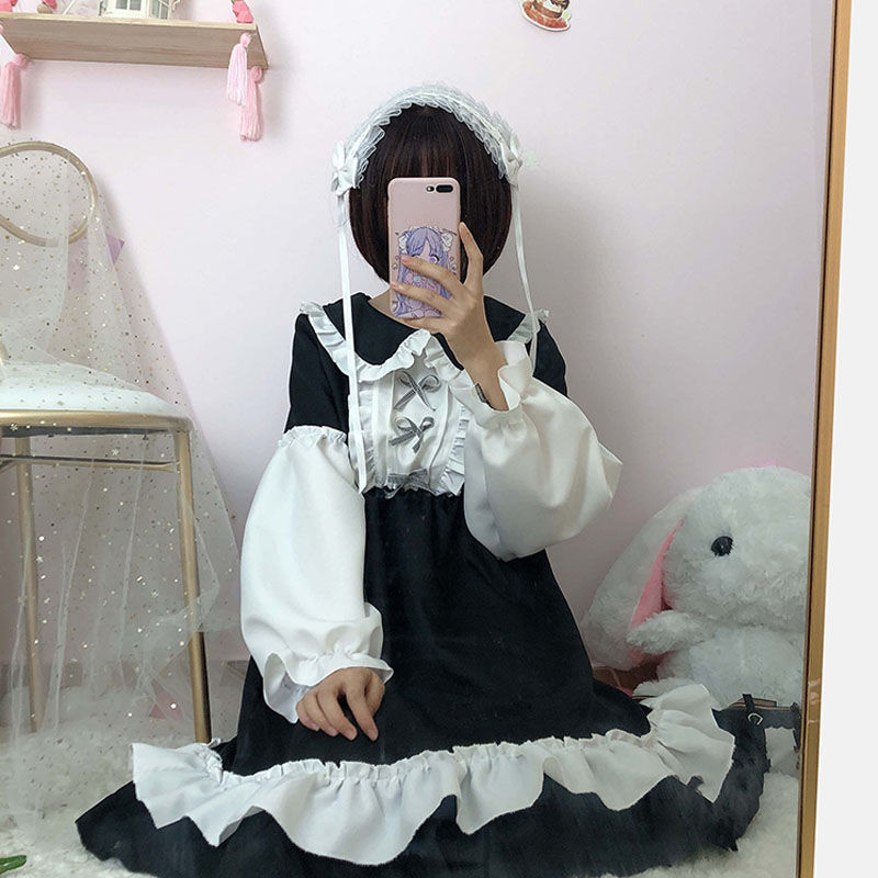 Japanese Lolita Dress Sweet Cute Kawaii Girls OP Princess Maid Vintage Ruffles Dress Women Gothic Long Sleeve Black Party Dress: Default Title