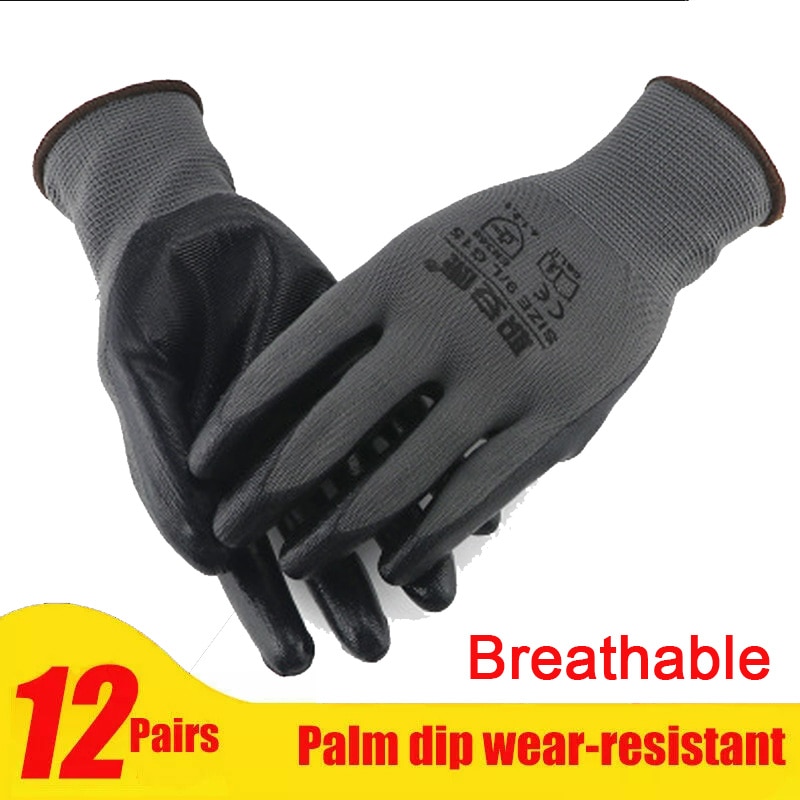 12 Pairs Pu Nitril Coating Werkhandschoenen Gecoate Palm Handschoenen Nylon Polyester Monteur Olie-Proof Werkhandschoenen Ce EN388