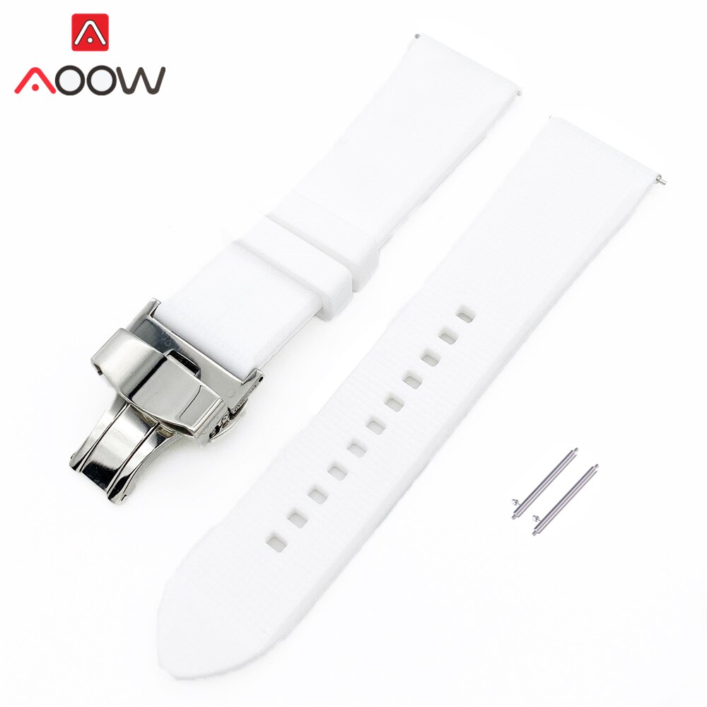 18mm 20mm 22mm Soft Silicone Strap Butterfly Deployment Buckle Quick Release Waterproof Rubber Replace Band Watch Accessories: White / 18mm