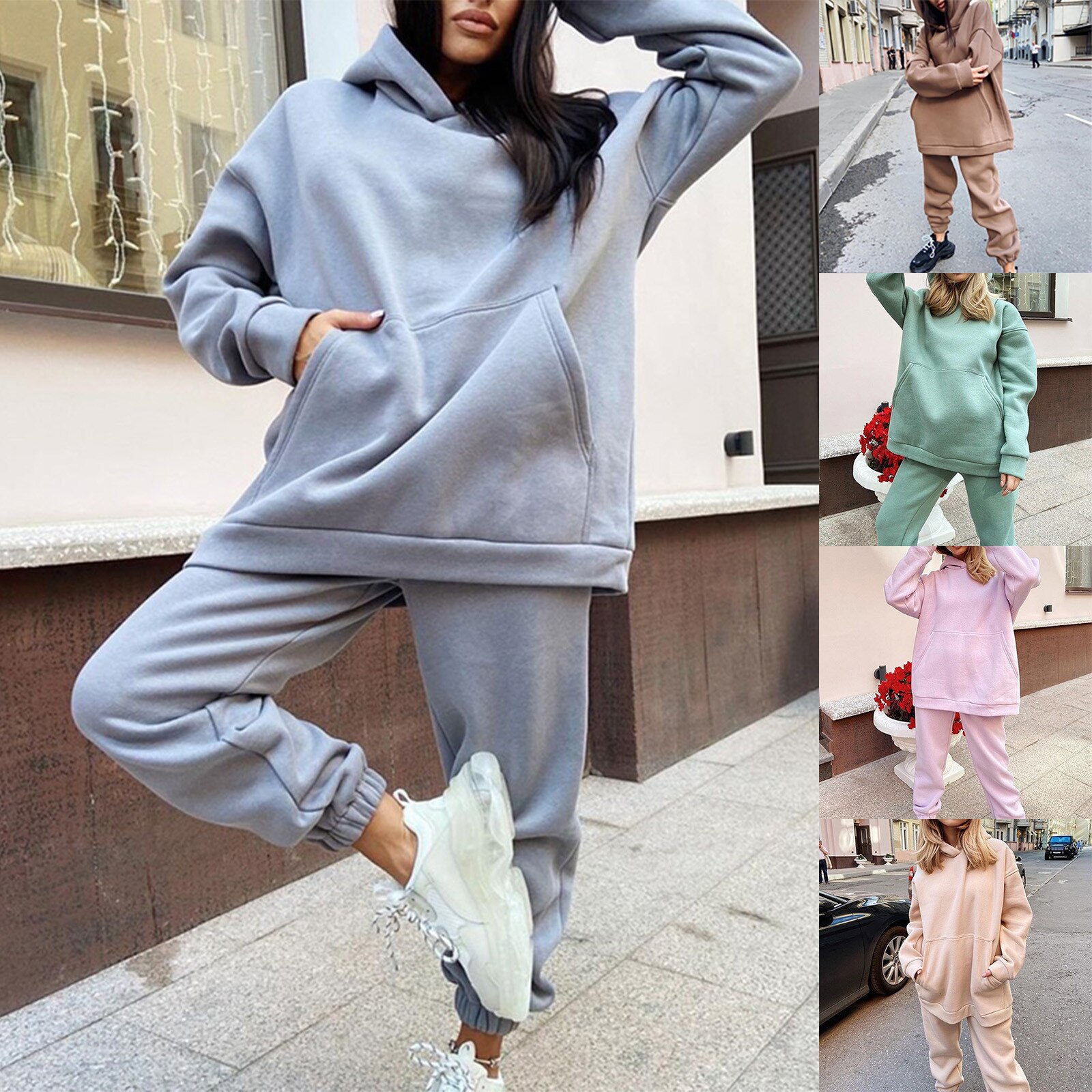 Autumn Winter Fleece Hoodies Two Piece Set Ladies Casual Sports Suit Hooded Pullover Solid Color Tracksuits Gym Clothing #3