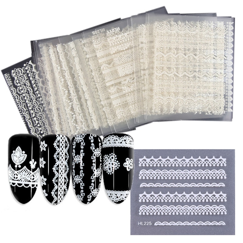 30 Sheet/Lot White Lace Nail Stickers,3D Mix Transfer Nail Sticker, willekeurige Nail Art Decals Diy Decoratie
