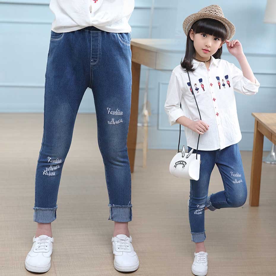 Jeans For Girls Letter Embroidery Girl Jeans Kids Elastic Waist Kids Jeans Pants Spring Autumn Casual Jeans Clothes For Girls