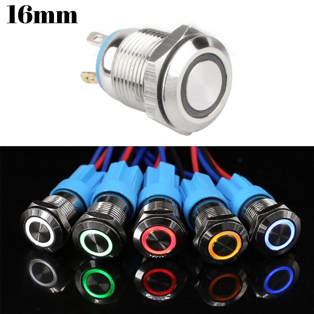 Interruptor de botón de Metal de 16mm, luz LED momentáneo impermeable, botón de encendido de autobloqueo de 12V, conector para botón