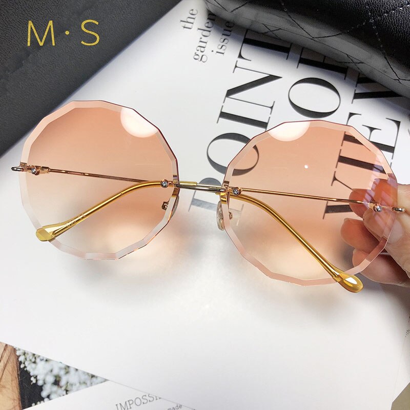 round sunglasses women oversized eyewear gradient brown pink rimless sun glasses for female uv400: C07