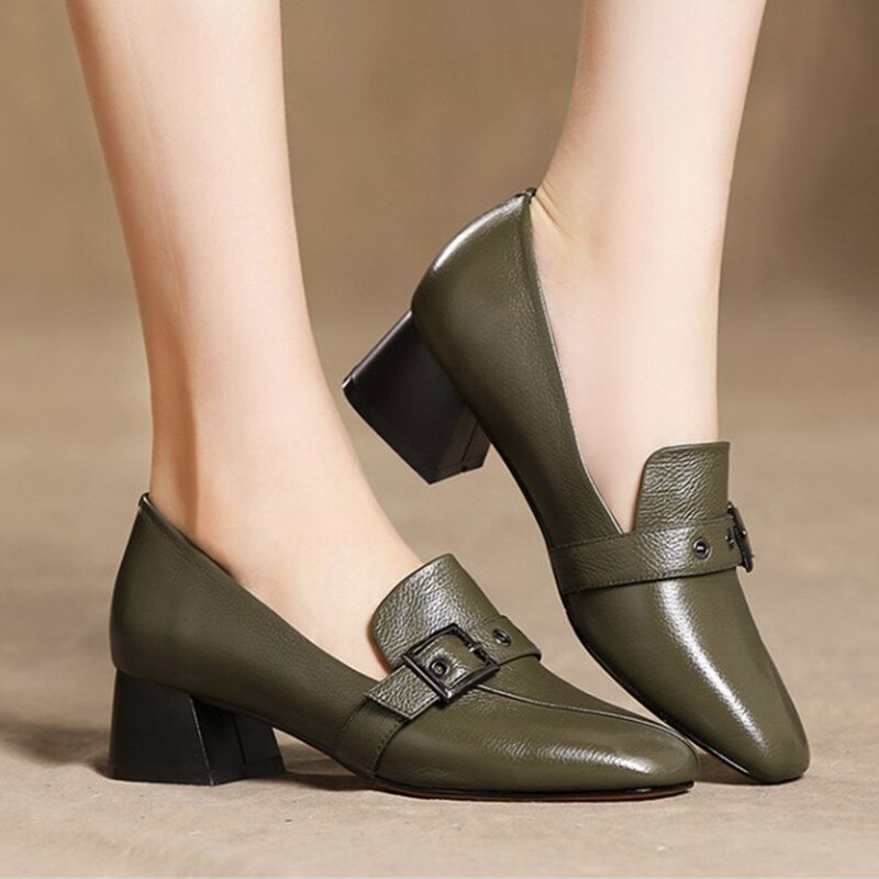 Zapatos de tacón cuadrado cresfimix de piel sintética verde militar para mujer, para oficina, clásicos, cómodos, negros ,  a6033
