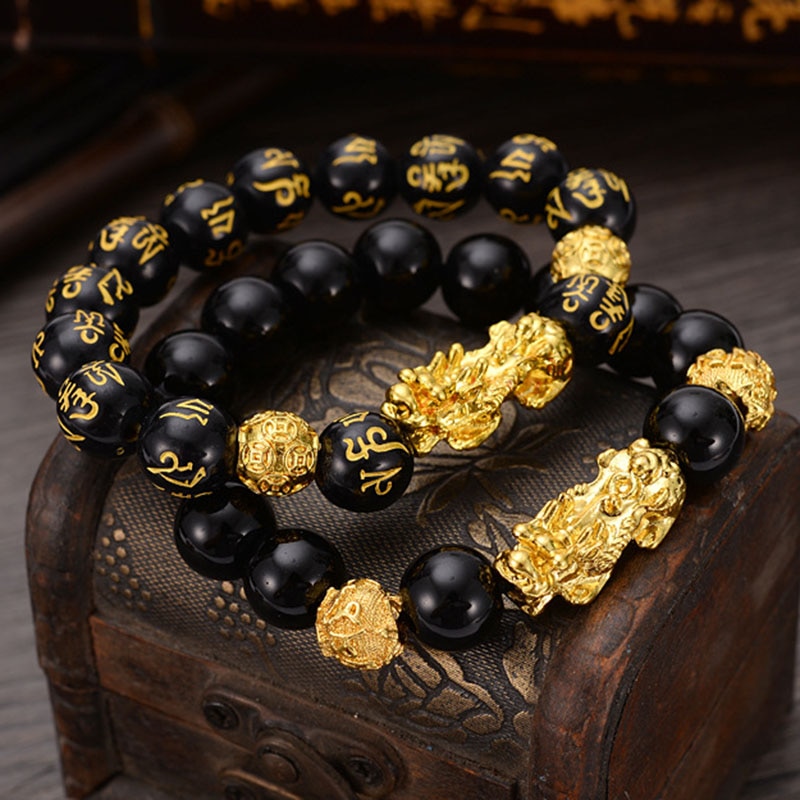 Obsidian Stone Beaded Bracelet with Golden Pixiu Charms Pendant for Men Buddhist Jewelry TT@88