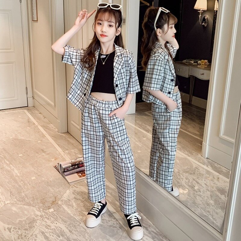 Summer Girls Suit 2022 Plaid Short Sleeve Blazer Vest Pants 3pcs Children's Clothing Set Casual School Teenage Kids Outfits