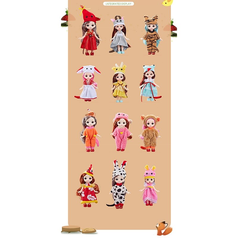 16cm Mini Zodiac Dress Up Doll 13 Moveable Jointed Animal Dolls Long Hair Make Up Body Dolls with Dress Toy for Girls