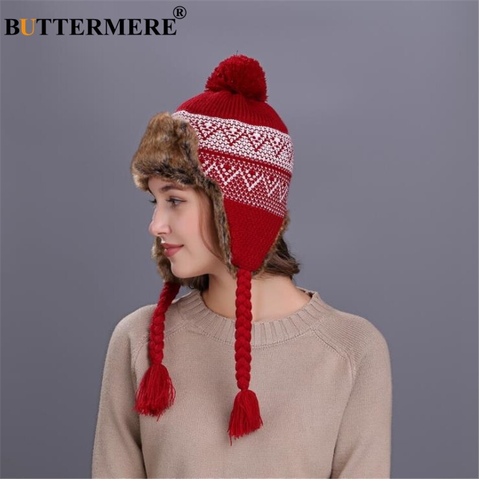 Buttermere russian ushanka luer dame strikke pels bomber lue dame luer pom pom varm høst vinter varm trapper lue