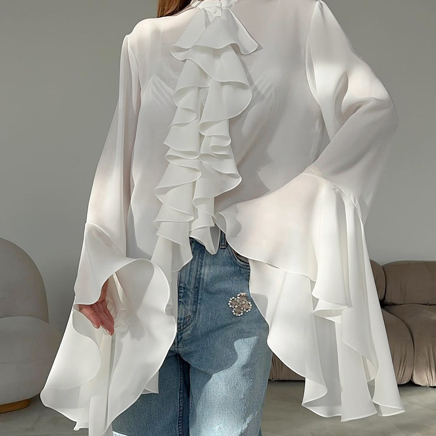 Linad lässig Chiffon Weiß Rüschen Hemden Weibliche Straße aufflackern Hülse verlieren Laminierte Volants Blusen Und Spitzen Frühling 2025,: S / Weiß