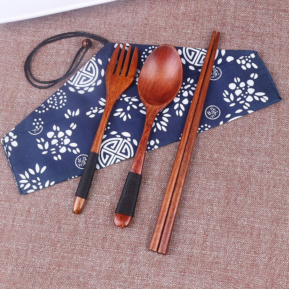 Japanese Style Portable Natural Wooden Eco-Friendly Flatware Set With Binding Wire Fork Spoon Chopsticks