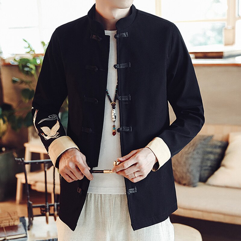 Red-Crowned Crane Embroidery Men Black Tang Jacket Chinese Style Mandarin Collar Mens Suit Jacket Frog Closures Man Coat