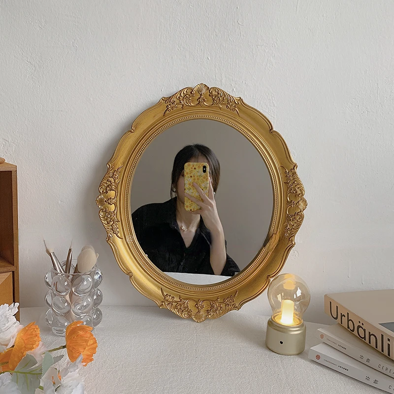 Espejos de tocador, espejo con marco barroco, escudo dorado, espejos decorativos de pared, bandeja de placa, espejo de maquillaje para decoración del hogar y dormitorio