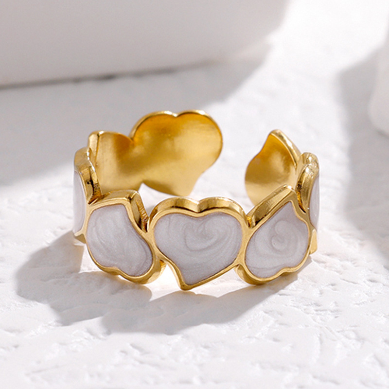 Anillos de corazón blanco y negro de acero inoxidable para mujer, anillos abiertos con goteo de aceite de Color dorado, joyería de boda, , bisutería para mujer