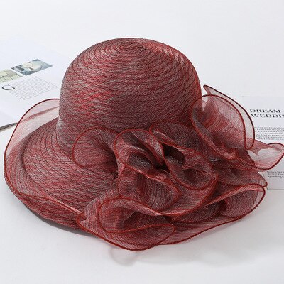 Ploermin Organza Zon Hoeden Vrouwen Bloem Zomer Bruiloft Caps Vrouwelijke Elegante Bloemen Uv Kerk Hoeden Mode: Red wine