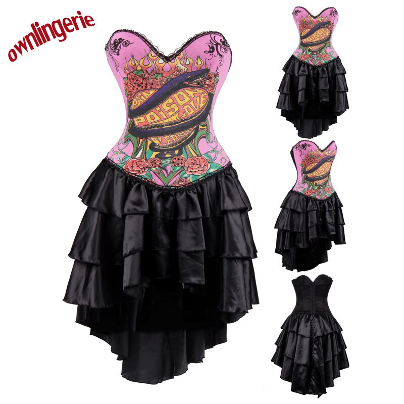 Sexy pink Punk Corset Bustier dress with animal Dragon s-2xl W3487