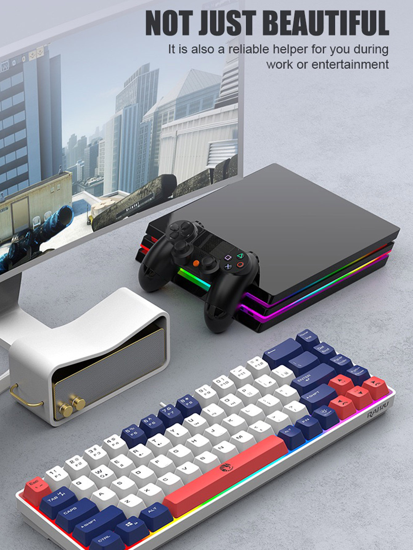 Three-piece wired gaming keyboard, rainbow backlight, multimedia function, mechanical feel, suitable for office and gaming