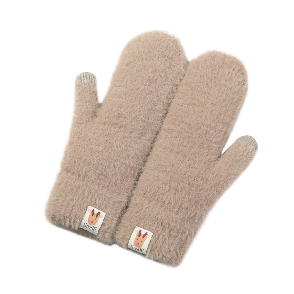 Guantes de punto para mujer, manoplas de felpa con pantalla táctil a prueba de viento, de terciopelo grueso y cálido, de Color puro, para invierno y Navidad: Coffee