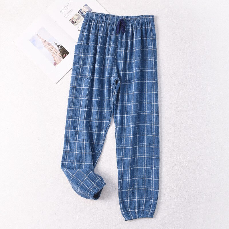 Women Crepe Gauze Home Pants Cotton Plaid Sleep Bottoms Womens Lounge Wear Plus Size Trousers Loose Sleep Wear with Pant: Blue / XL