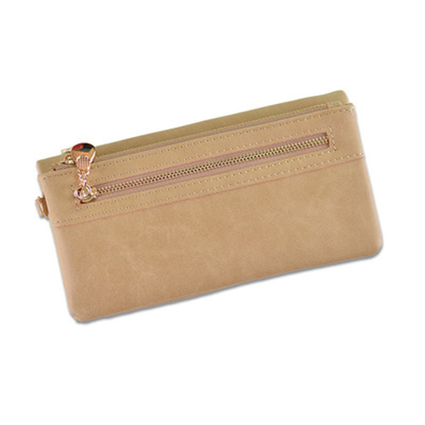 Billeteras de mujer, billetera de cuero de la PU de de señora con doble cremallera bolso de mano de día monederos chicas bolso portátil bolsos femenina: beige