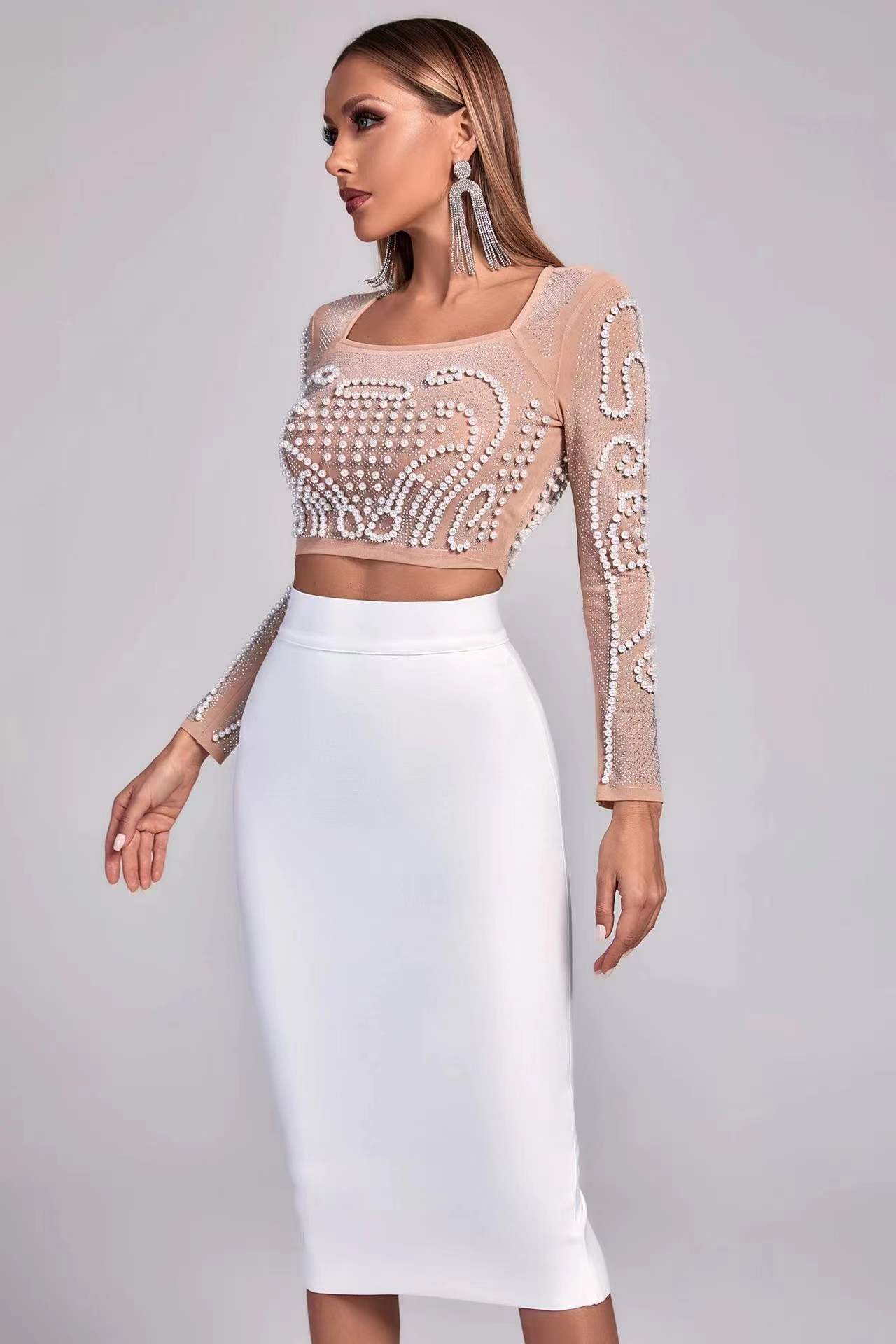 oben Promi Weiß Zwei Stücke Gesetzt Perle Perlen Aushöhlen Kunstseide Verband Kleid Party Kleid Vestidos