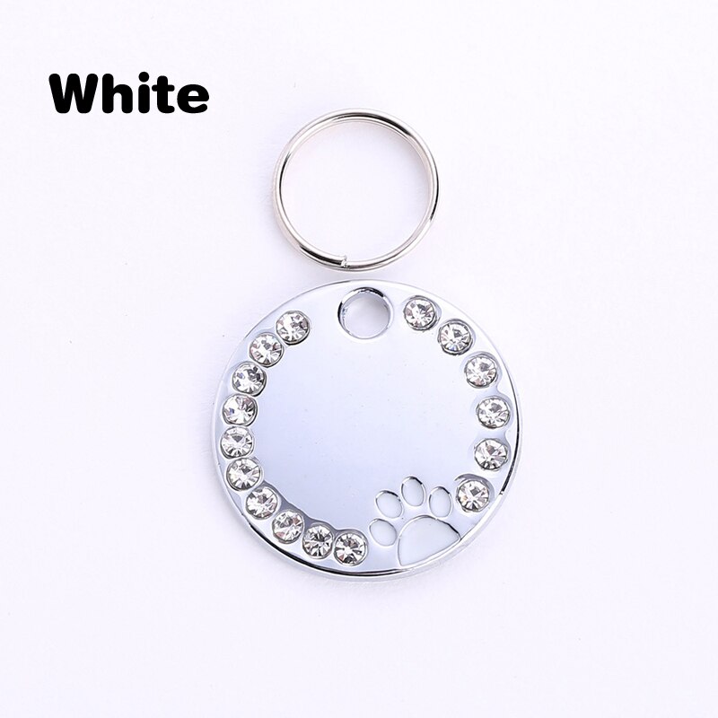 Collier en forme de patte pour chien et chat, porte-clés avec identification, chaîne en métal strass, pendentif gravé avec nom: white