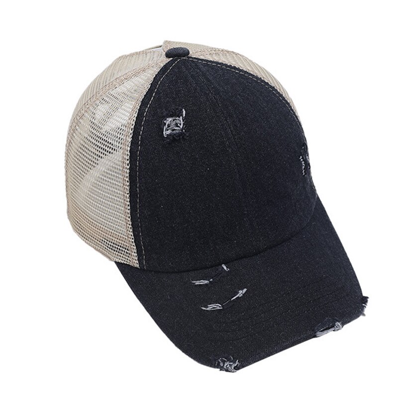Anti Sun Cap Ripped Mesh Ponytail Criss Cross Baseball Cap Adjustable Hat H7JP: Black