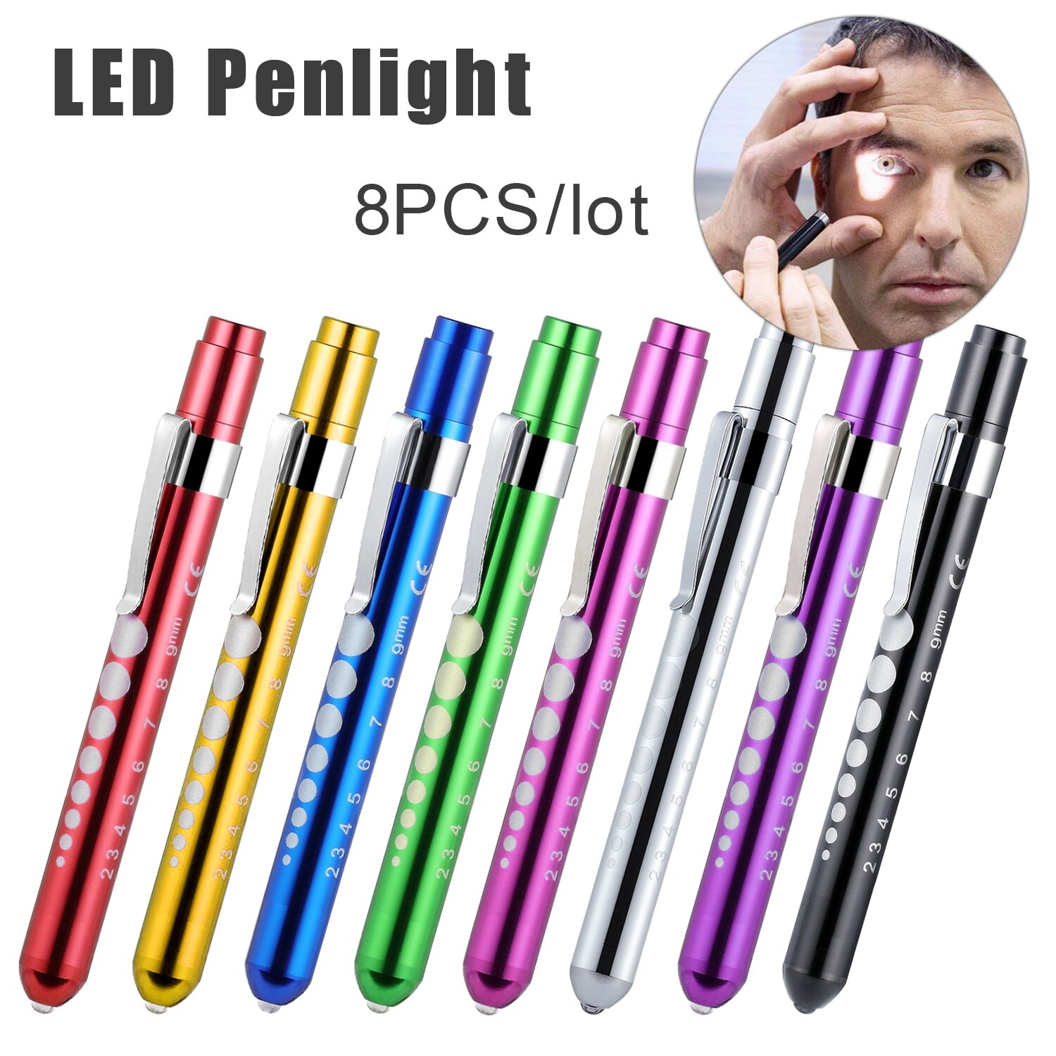 Stylo médical de poche en alliage d&#39;aluminium, 8 pièces, lampe torche Otoscope ophtalmoscope, lampe de poche LED pour le contrôle dentaire de la gorge