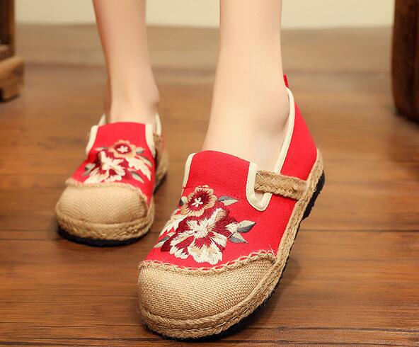 Vegan Handmade Women Linen Cotton Loafers Espadrilles Flower Embroidered Ladies Casual Flat Platform Sneakers Shoes: Red / 6