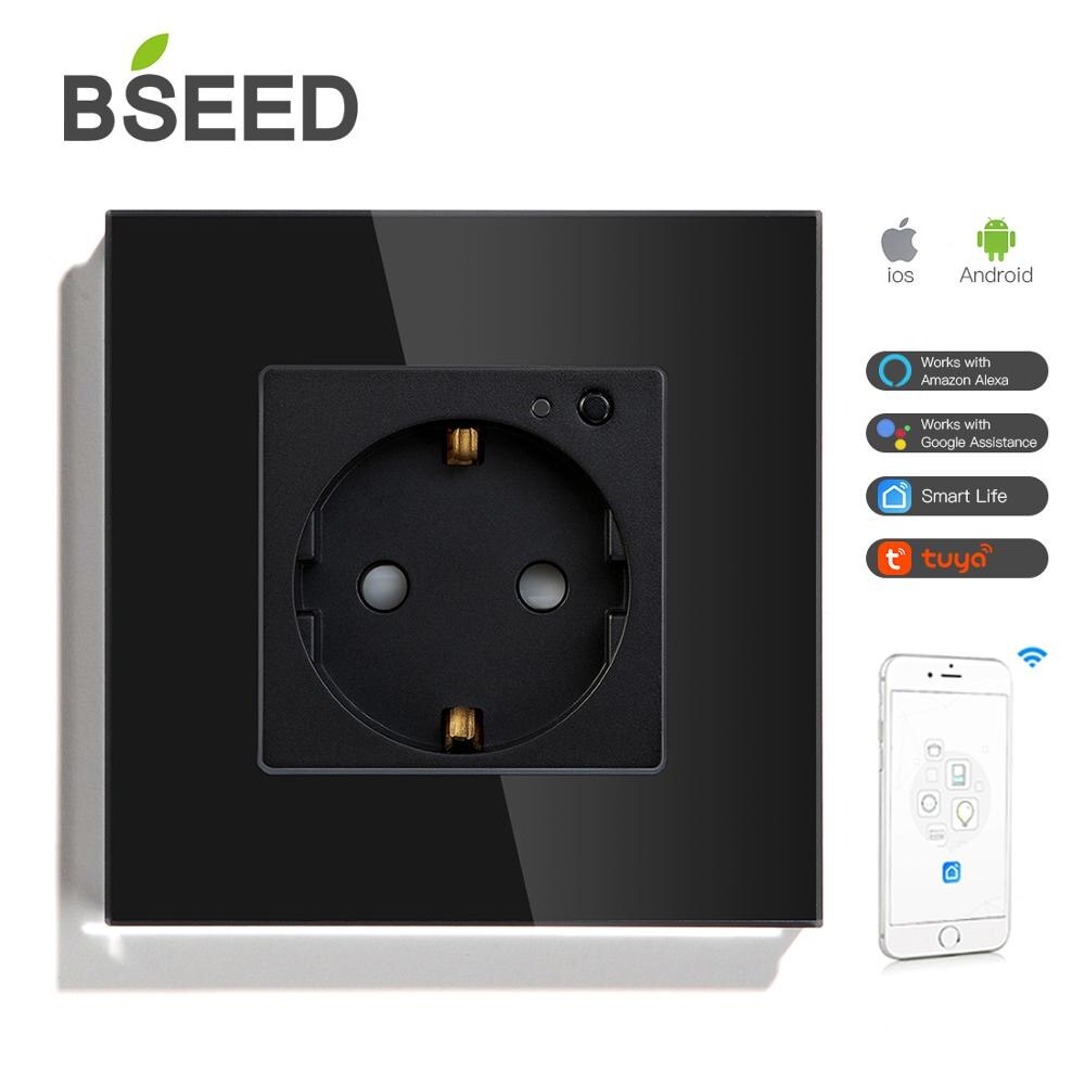 BSEED Single WIFI Power EU Sockets Double Smart Google Alexa Wall Sockets 16A Triple Glass Crystal App Sockets On/Off Switches: Single Socket Black