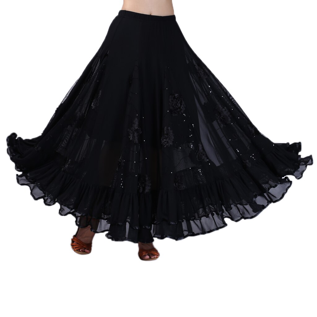 Flamenco Ballroom Waltz Dance Swing Skirt Sequin Flowers Party Dress: Black