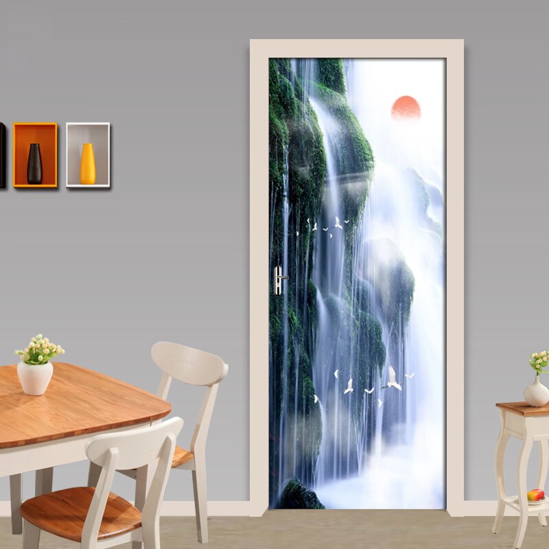 3D Door Sticker Wall Mural Art Chinese Traditional Natural Waterfall Wallpaper Poster Self Adhesive Removable Home Door 3D Decal
