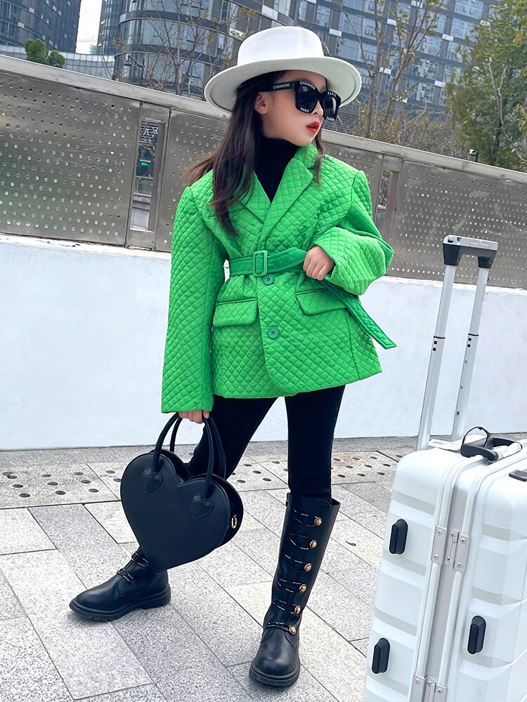 Meisje Jassen Herfst Winter Groene Mode Outfit Kinderen Plus Katoen Dikkere Uitloper Kids Lange Plaid Jassen 3-12Y WZ482