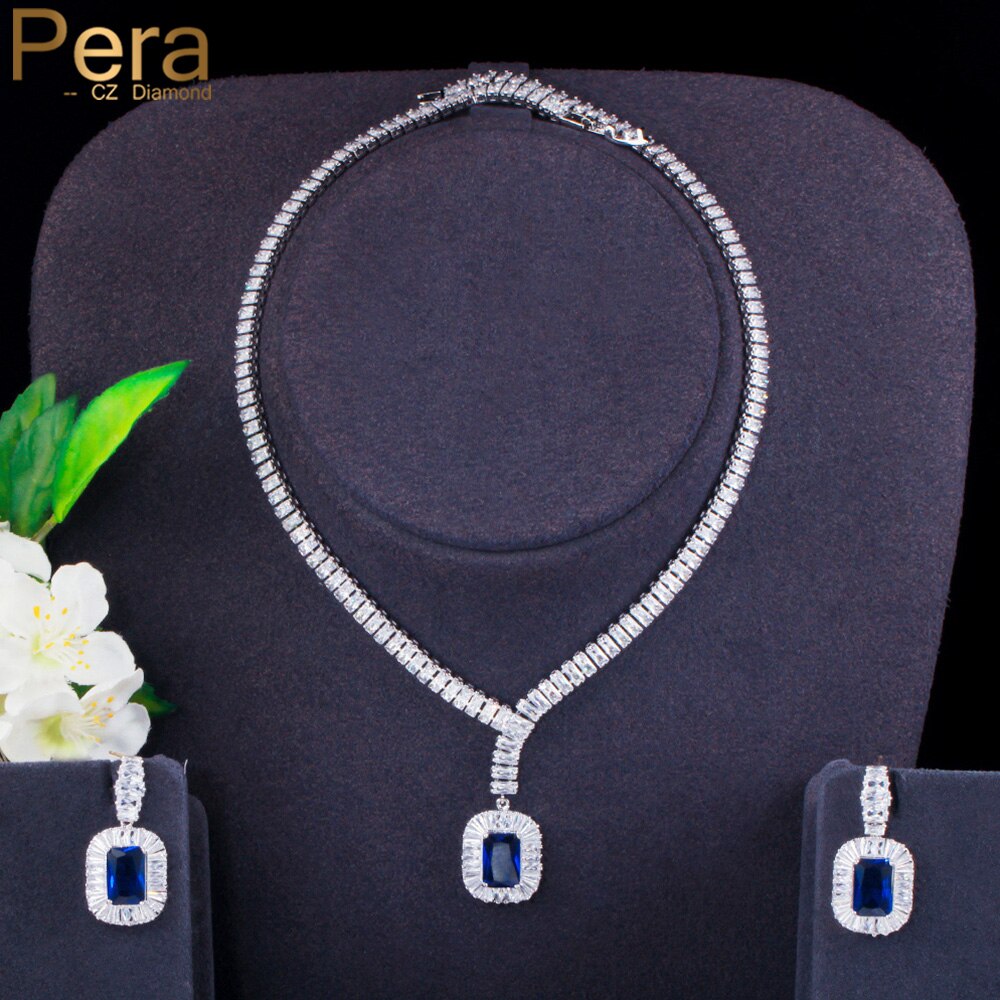 Pera Royal Blue Zirconia Big Dangle Plein Bridal Bruiloft Kostuum Ketting Oorbellen Sieraden Sets Voor Vrouwen J412