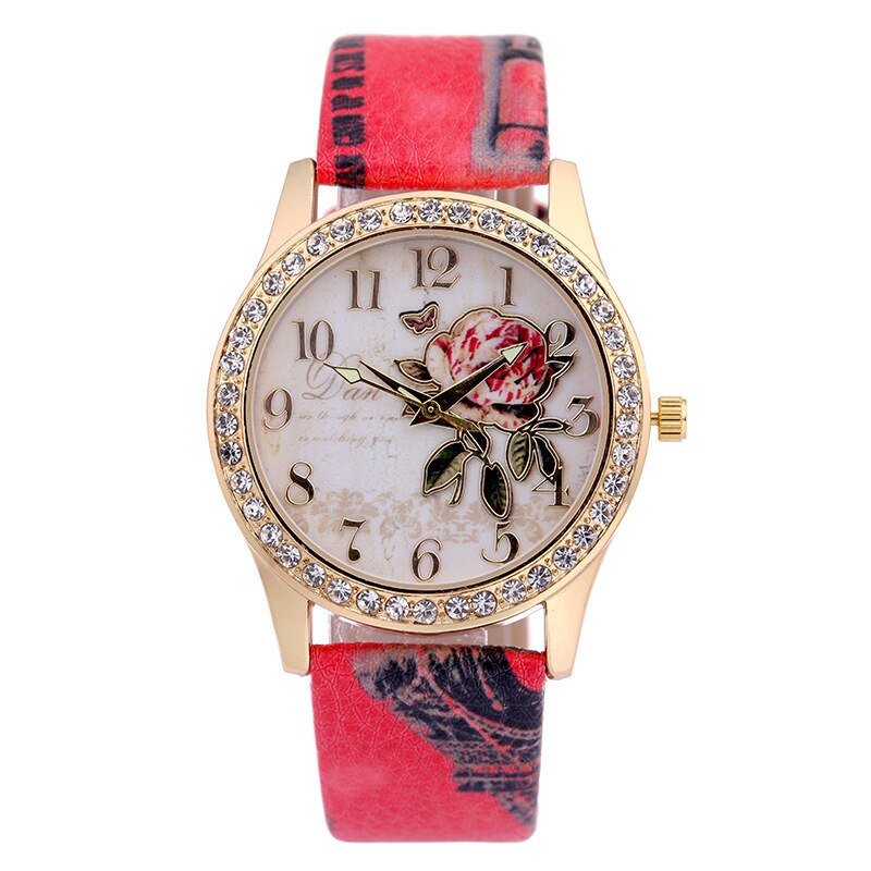 Dames Horloge Met Diamanten Bezaaid Goud Shell Riem Decoratie Mode Trend Rose Bloemenprint Strap Dames Horloge: 02