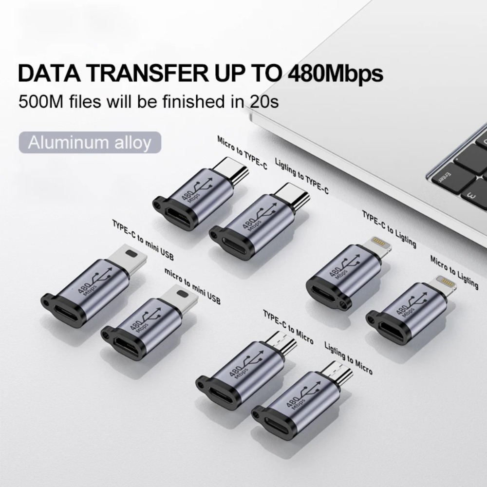 8-delige USB Adapter Set – Lightning, USB-C En Micro USB, 480 Mbps, 2A Laden